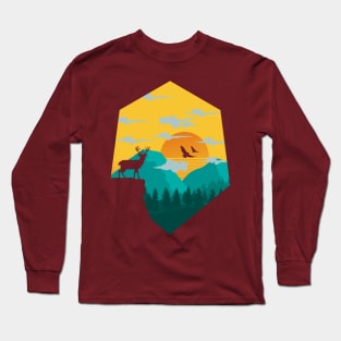 Reindeer Sunset Mountain Nature Long Sleeve T-Shirt